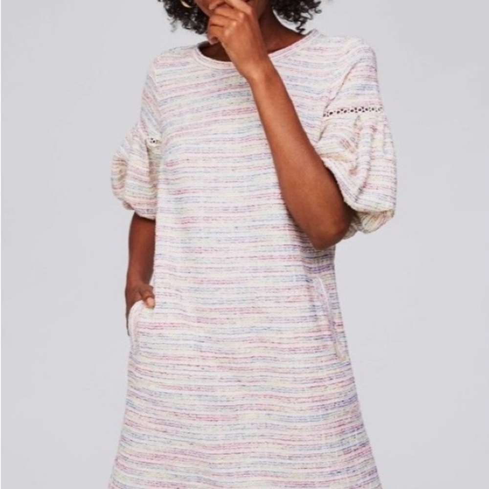 LOFT Mini A Line Multicolor Textured Light Puff Sleeve Sheath Dress Size M